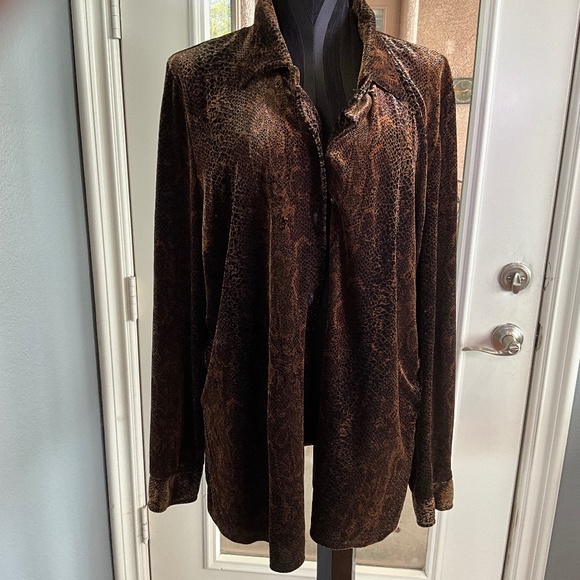 VTG Y2K Chocolate Brown Stretch Velvet Snakeskin Shacket Lagenlook Artsy Soft 1X - Picture 1 of 10